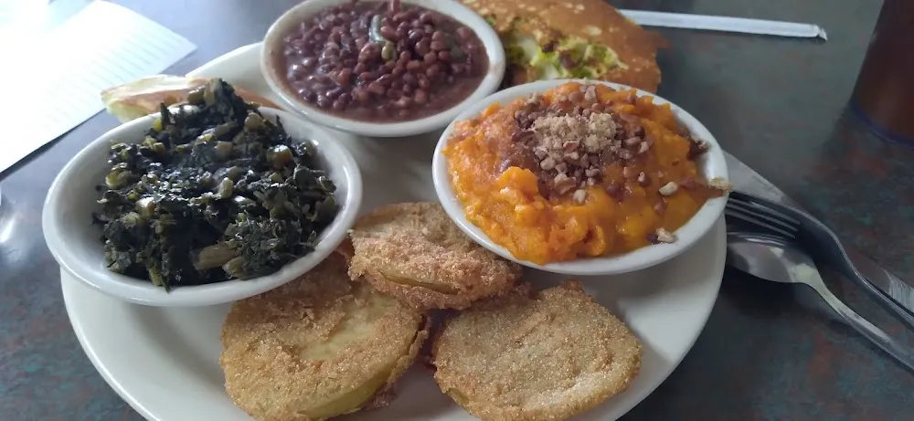 Fried Green Tomatoes Sweet Potato Casserole Field Peas Turnip Greens with Jalapeño Hoe Cake